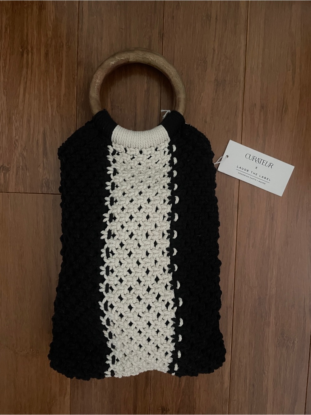 NWT Curateur x Laude The Label Gabby Mini Macrame Bag Black and White Cotton - Picture 3 of 10